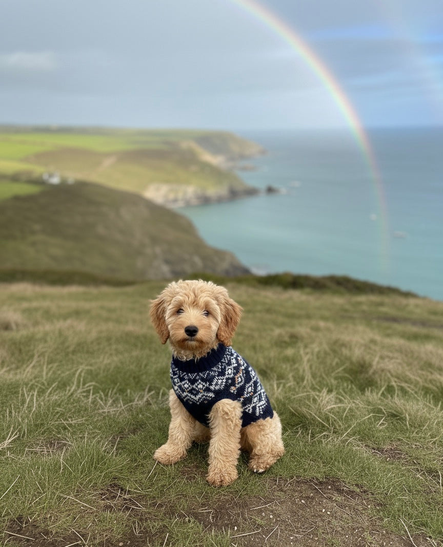 Dog wearing a sweater sitting on a grassy hill with a rainbow in the background.

