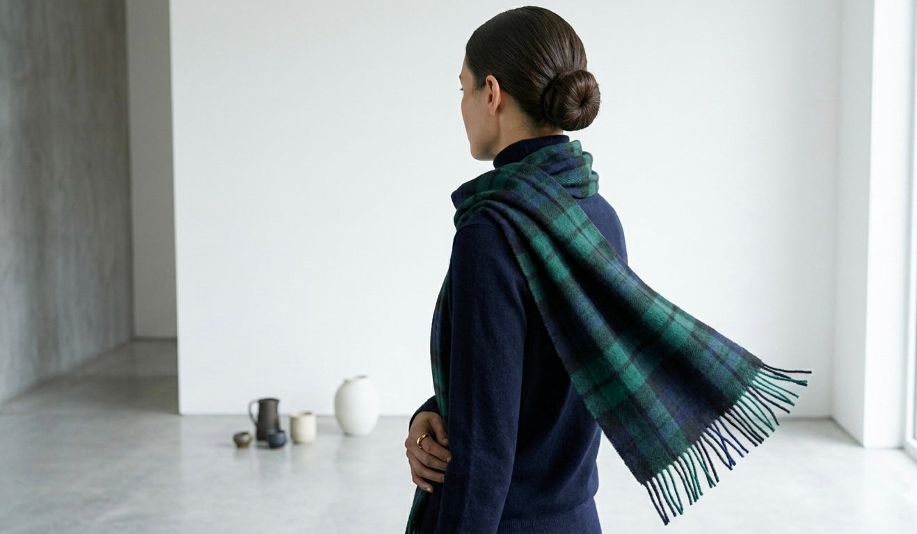 Woman wearing a plaid scarf in a minimalistic room.