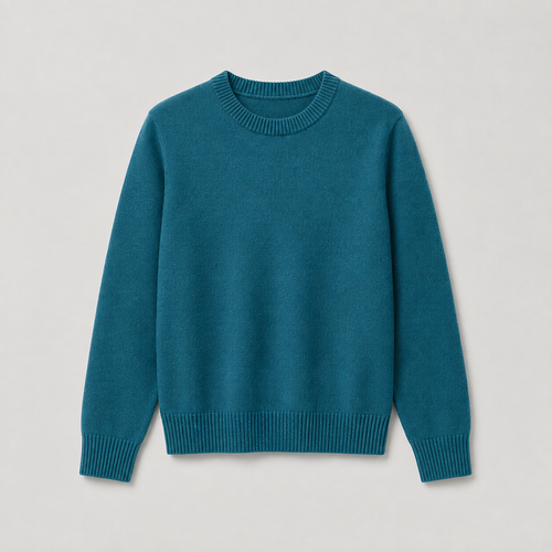 A teal blue crewneck knit sweater with ribbed collar, cuffs, and hem, displayed flat against a light gray background.