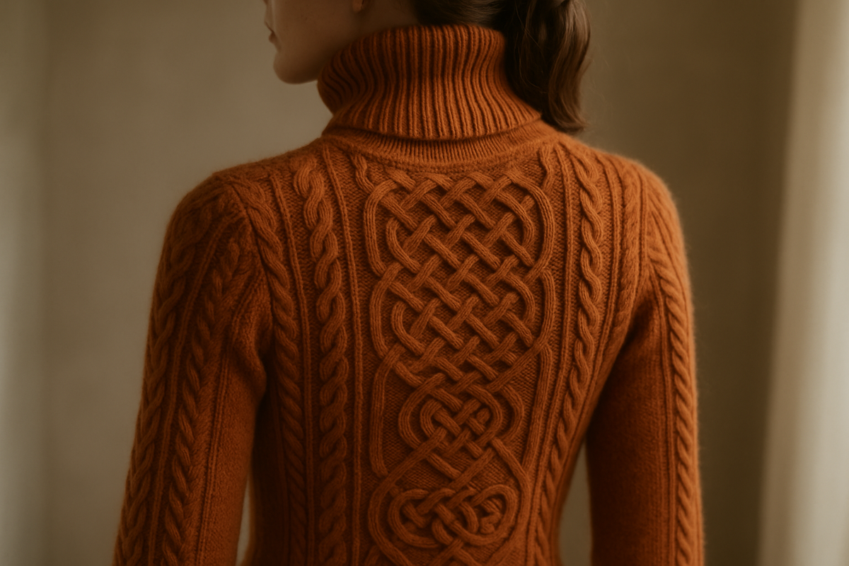 woman wearing a celtic turtleneck made of cashmere No face shown